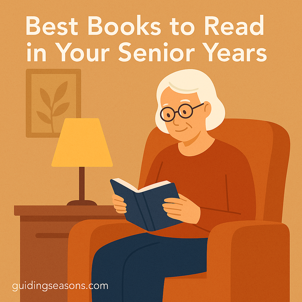 Older woman sitting in a cozy armchair under warm lighting while reading a book, with the title “Best Books to Read in Your Senior Years” displayed above 