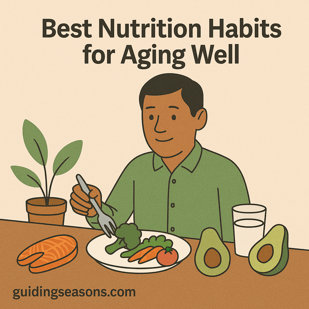 Middle-aged man eating a plate of healthy foods such as broccoli, carrots, avocado, and salmon to represent the best nutrition habits for aging well.