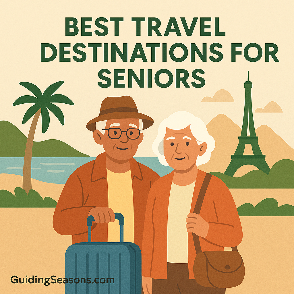 Illustration of a senior couple with luggage standing in front of scenic travel landmarks, including a beach, palm tree, mountains, and the Eiffel Tower, below a title about senior travel destinations.