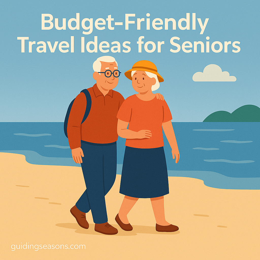 Older couple walking together on a sunny beach during an affordable getaway, with the title “Budget-Friendly Travel Ideas for Seniors” above