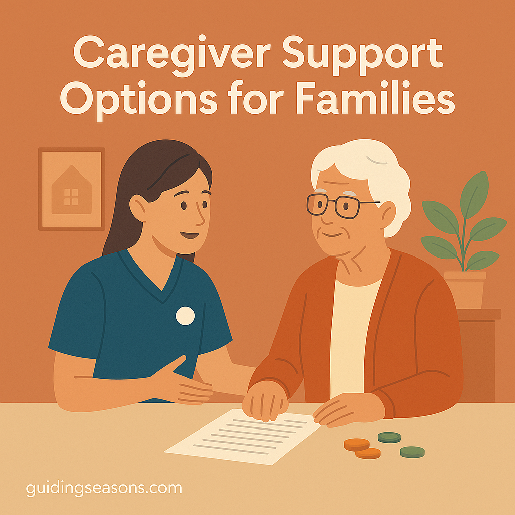 Caregiver sitting with an older woman at a table, discussing paperwork to illustrate caregiver support options for families.