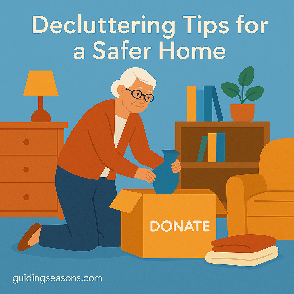 Older woman kneeling on the floor placing a vase into a donation box in her living room, illustrating decluttering tips for a safer home.