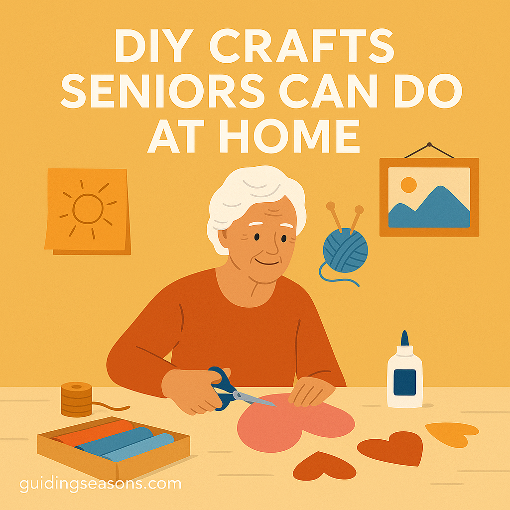 Older woman sitting at a table cutting paper hearts for a craft project, surrounded by glue, yarn, thread, and handmade decorations, illustrating DIY crafts seniors can do at home.