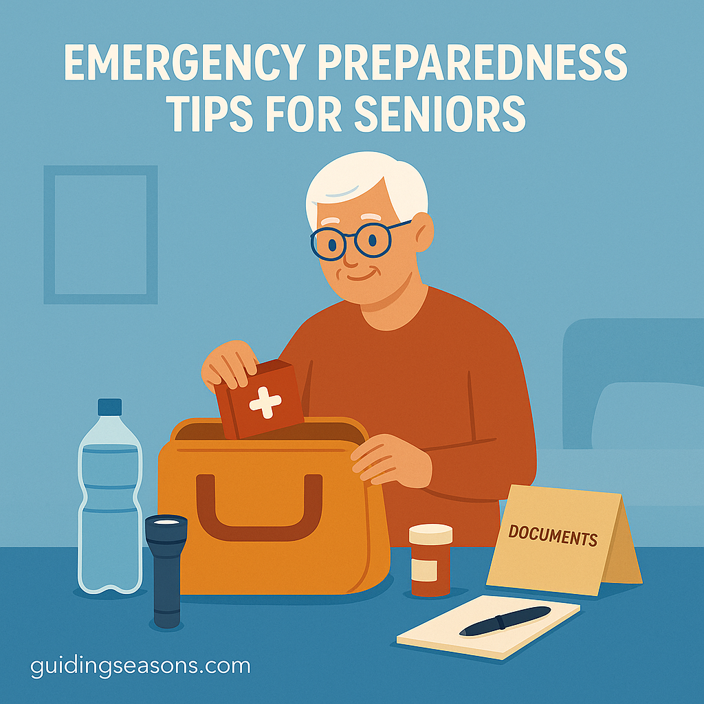 Older man assembling an emergency preparedness kit at home, placing a first-aid kit into a bag with water, a flashlight, medications, and important documents nearby, with the title “Emergency Preparedness Tips for Seniors” above 