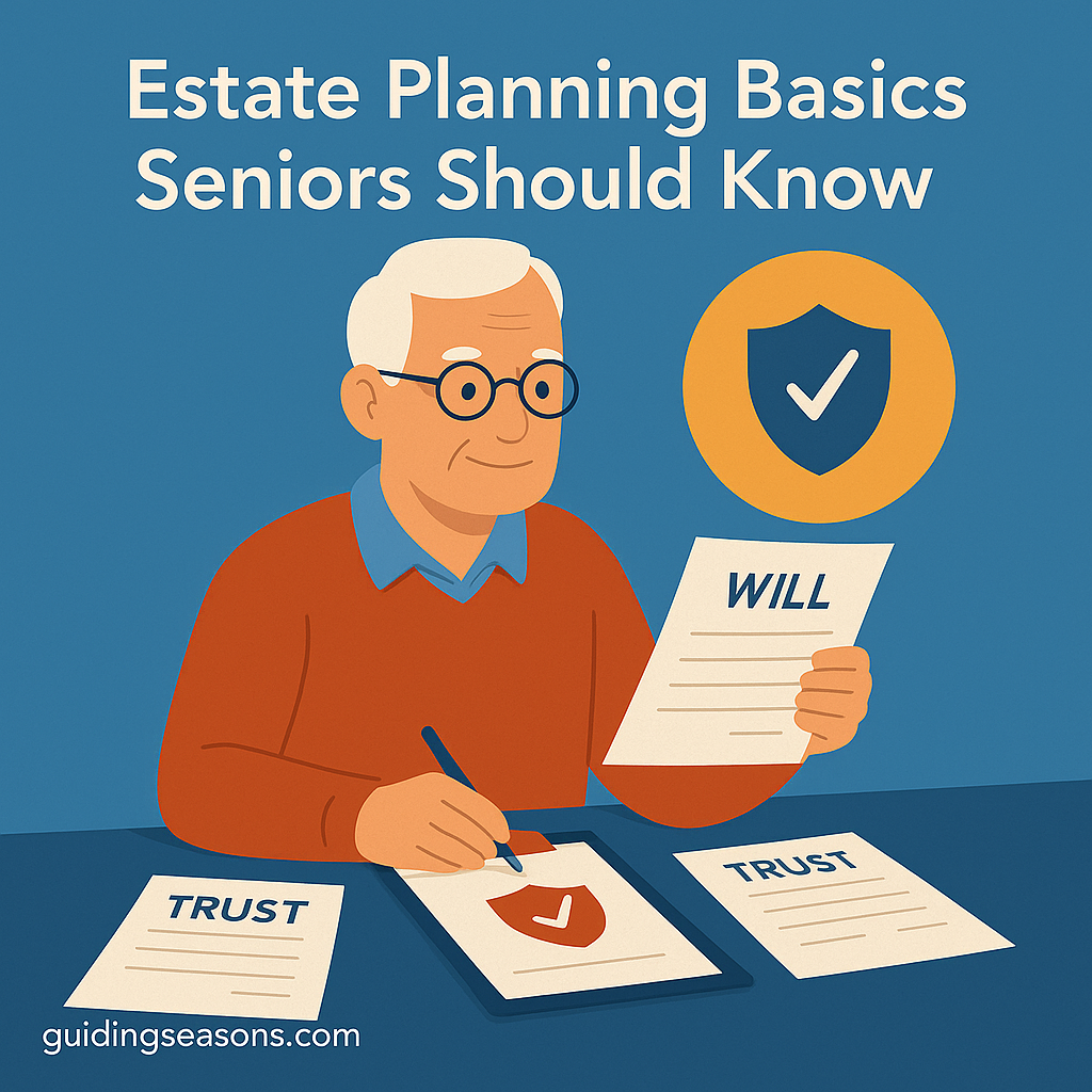 Older man reviewing estate planning documents, including a will and trust papers, with a shield icon and the title “Estate Planning Basics Seniors Should Know” displayed above.