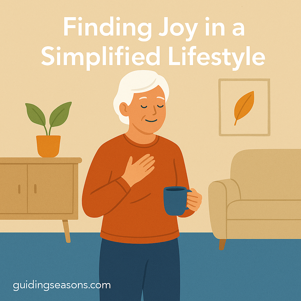 Older woman enjoying a calm moment with a warm drink in a minimalist living room, with the title “Finding Joy in a Simplified Lifestyle” displayed above.