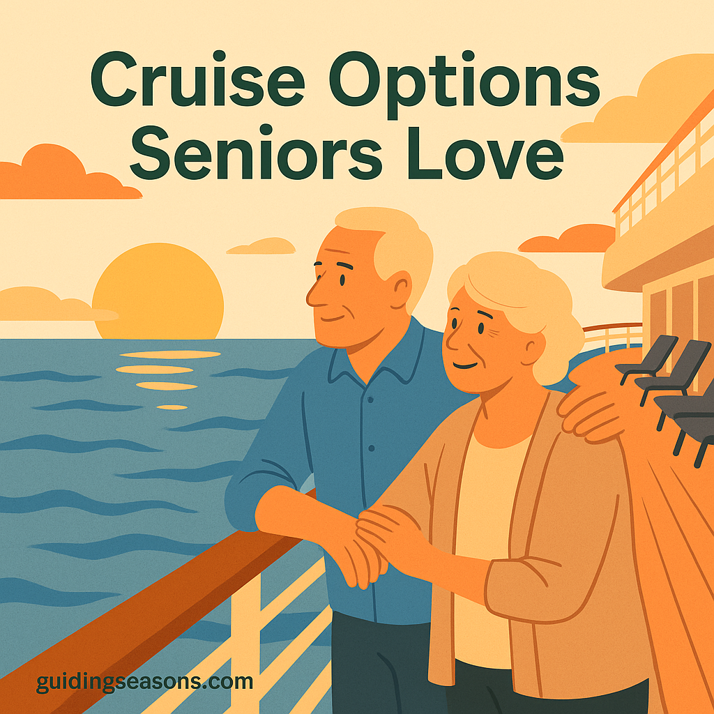 Senior couple enjoying a cruise ship deck at sunset.