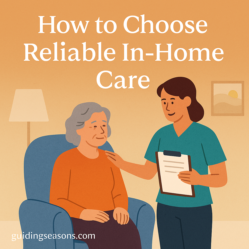 Caregiver speaking with a senior woman sitting in an armchair during an in-home care visit.