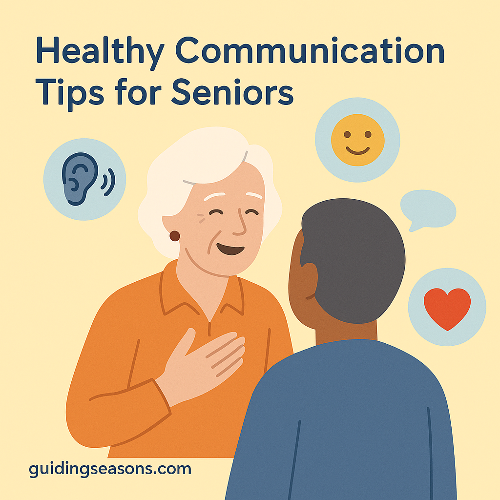Illustration of a senior woman communicating warmly with another person, surrounded by icons representing listening, positivity, speech, and care, beneath the title “Healthy Communication Tips for Seniors.”