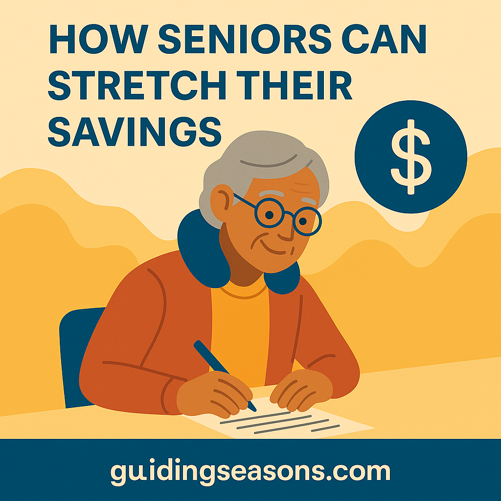 Illustration of a senior man writing on a budgeting sheet with a dollar sign icon beside him, created for the article “How Seniors Can Stretch Their Savings,” with guidingseasons.com displayed at the bottom.