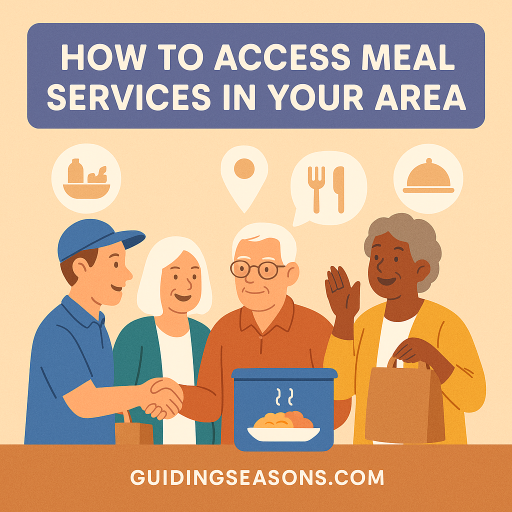 Group of older adults receiving meal service support from a friendly delivery worker with food icons above them.