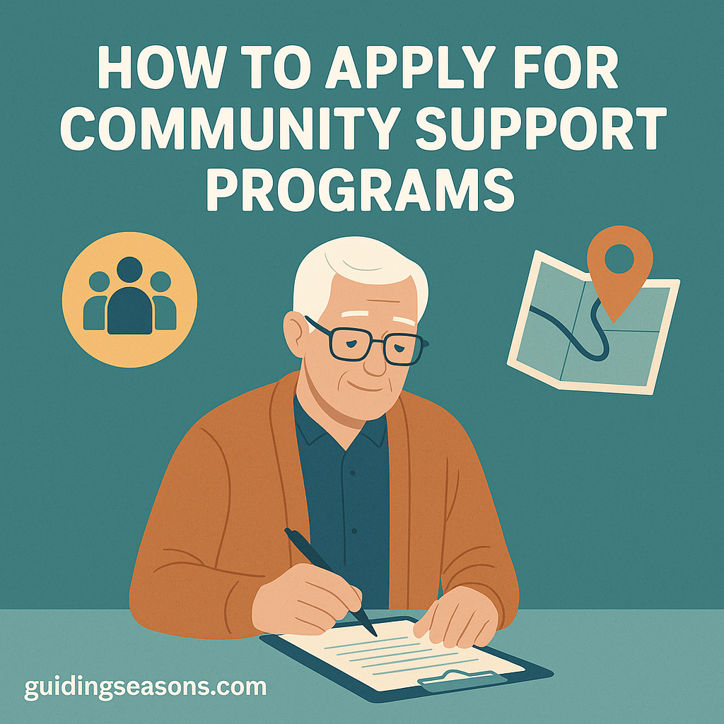 Older man filling out a community support program form with icons of people and a location map around him.