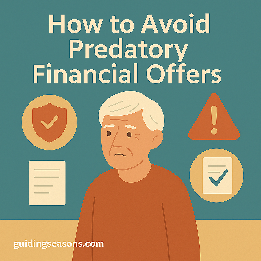 Older man with a concerned expression surrounded by financial safety icons such as a shield, warning triangle, and verified document.