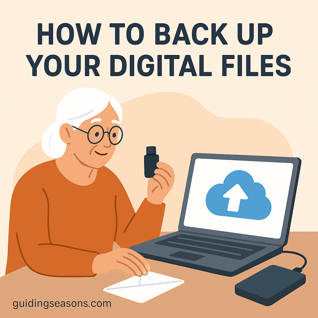 Illustration of a senior woman backing up digital files using a laptop, USB drive, and external hard drive, with a cloud upload icon on the screen.