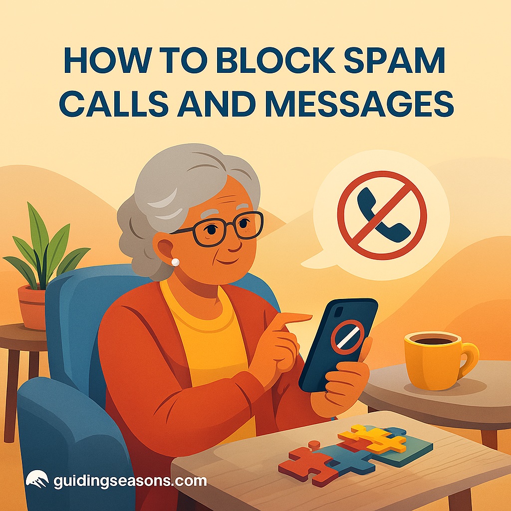 Illustration of a senior woman sitting comfortably while using her smartphone to block a spam call, with a crossed-out phone icon above her and a small guidingseasons.com watermark in the bottom left.