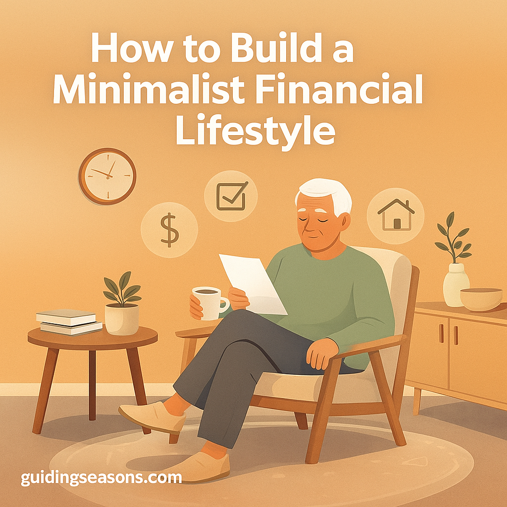 Older man sitting peacefully on the floor holding a book, surrounded by minimalist financial icons like a dollar sign, piggy bank, shopping bag, and heart.