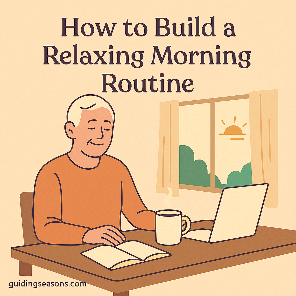 Illustration of a senior man enjoying a relaxing morning routine with a warm drink, an open book, and soft sunlight coming through the window.