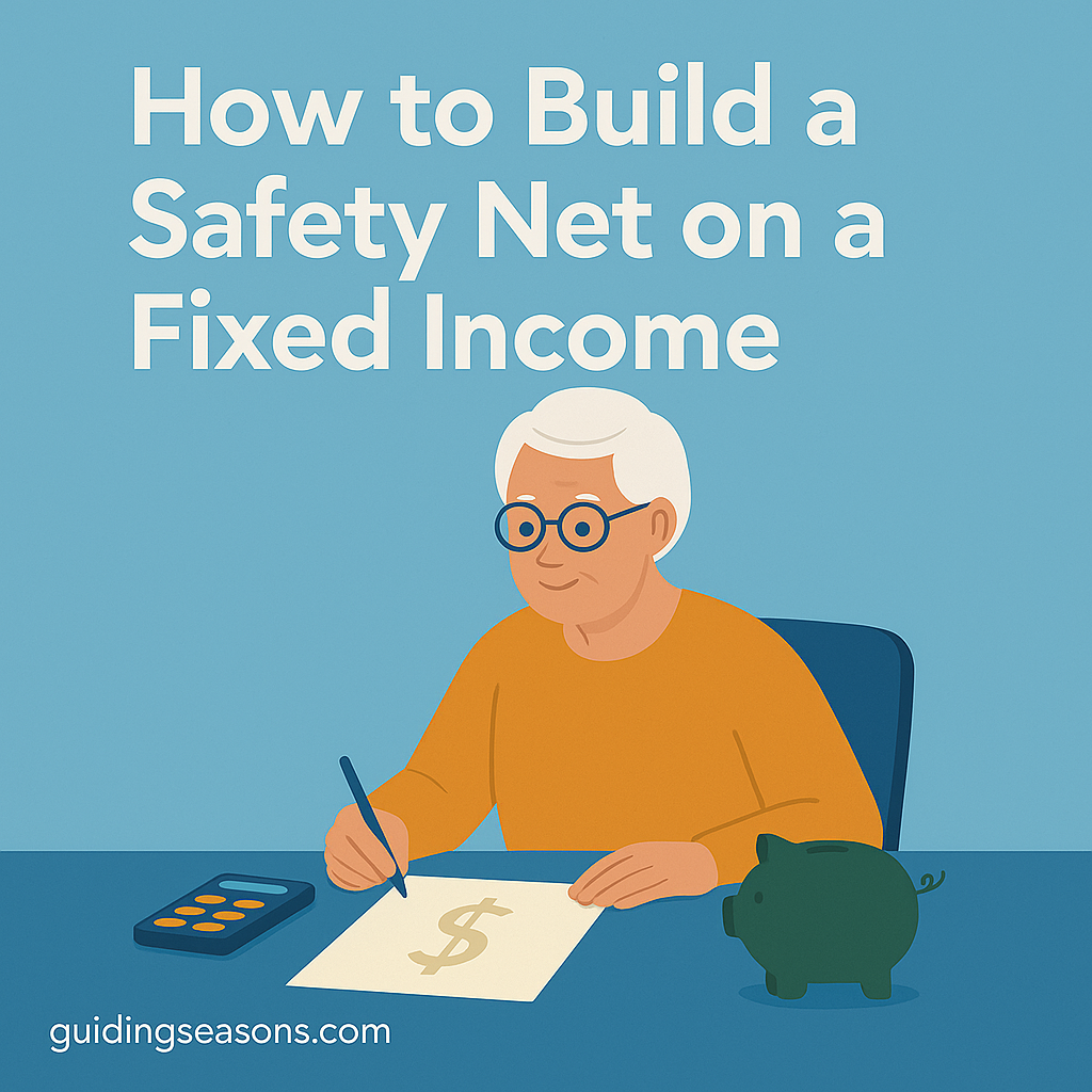 Older woman sitting at a table budgeting with a calculator, paper, and piggy bank, with the title “How to Build a Safety Net on a Fixed Income” displayed above her.