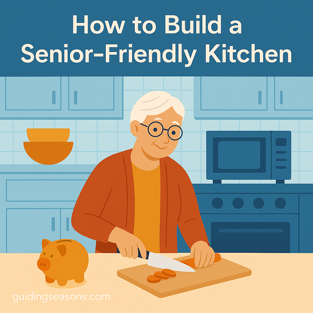 Older woman preparing food in a bright, organized kitchen with the title “How to Build a Senior-Friendly Kitchen” displayed above her.