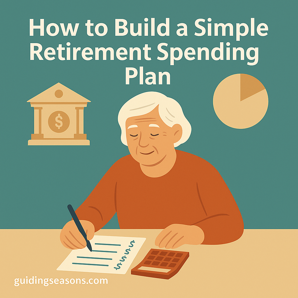 Older woman writing a retirement spending plan with a calculator on the table and financial icons like a bank building and pie chart around her.