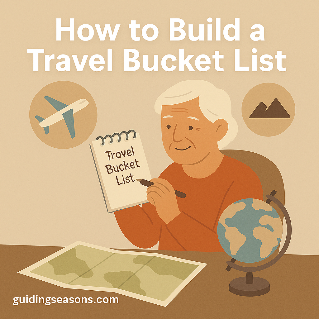 Older woman writing a travel bucket list in a notebook with a map, globe, and travel icons around her.