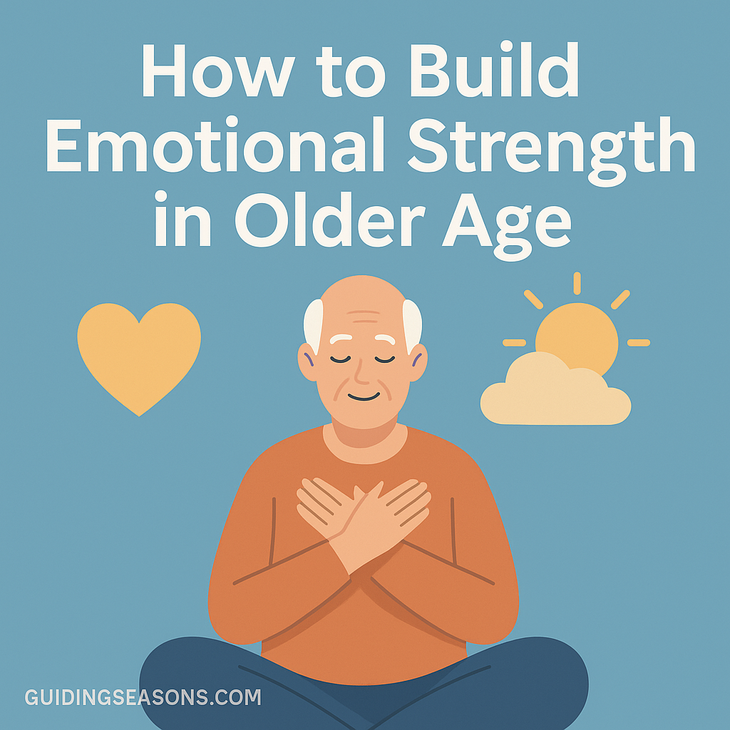 Older man sitting peacefully with hands over his chest, surrounded by calm symbols like a heart and sun to represent emotional strength.