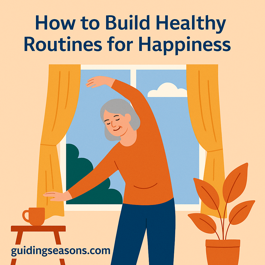 Illustration of a senior woman stretching near a window as part of a healthy daily routine, with the title “How to Build Healthy Routines for Happiness.”