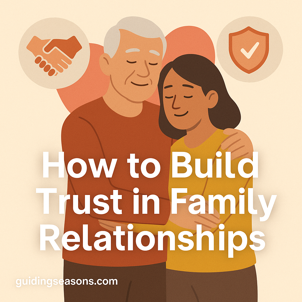 Older man hugging a younger family member with trust-related icons like a handshake and shield in the background.