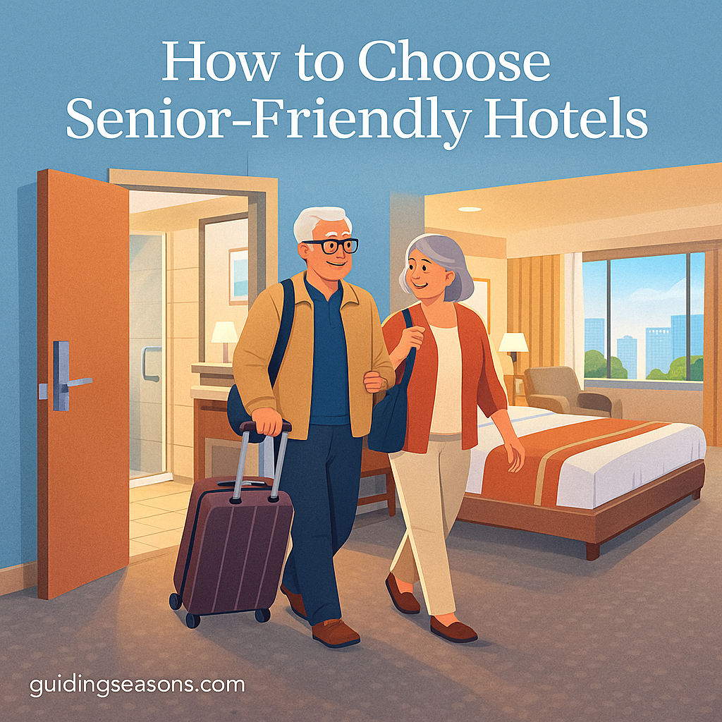 Older couple entering a bright, comfortable hotel room with luggage, smiling as they look around the accessible space, with the title “How to Choose Senior-Friendly Hotels” displayed at the top 