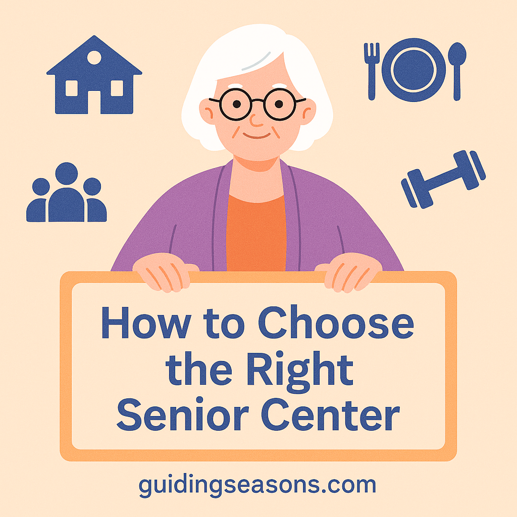 Illustration of an older woman holding a sign with the title “How to Choose the Right Senior Center,” surrounded by icons representing fitness, meals, community, and activity options.