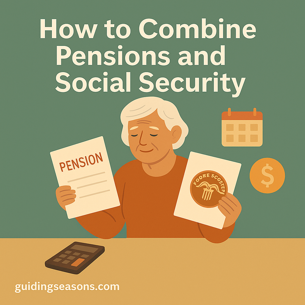 Illustration of a senior woman reviewing pension and Social Security documents with financial icons in the background.