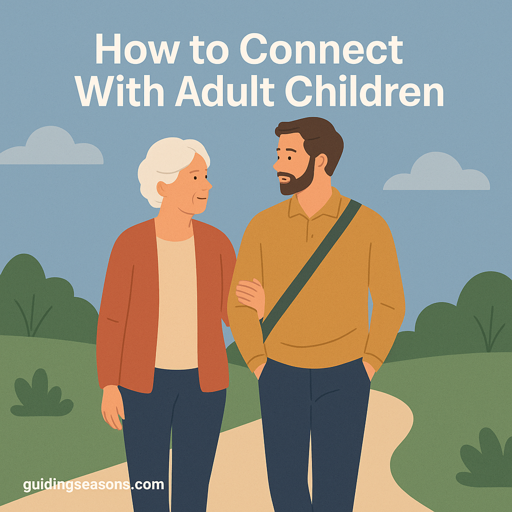 Older mother walking outdoors with her adult son on a park path, representing how to connect with adult children.