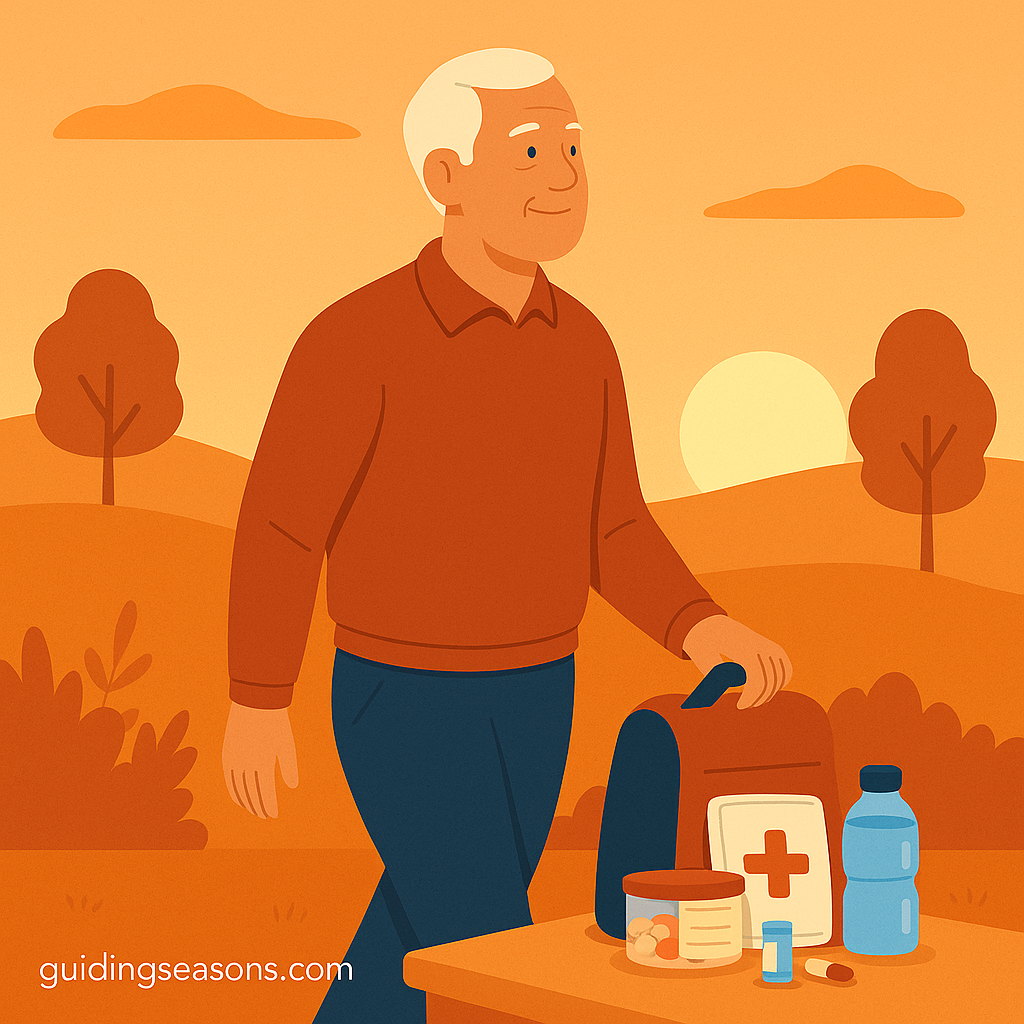 Older man taking a calming walk outdoors during sunset, surrounded by warm orange landscape tones, with the title “How to Cope With Life Transitions Gracefully” above.