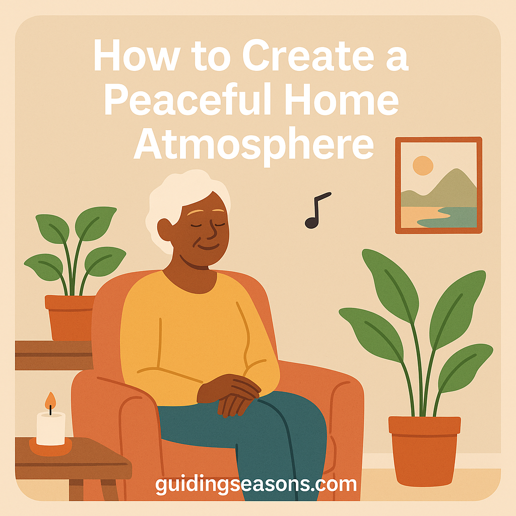 Illustration of a senior woman relaxing in a cozy living room with plants, soft lighting, and calming decor, with “How to Create a Peaceful Home Atmosphere” displayed at the top and guidingseasons.com at the bottom.
