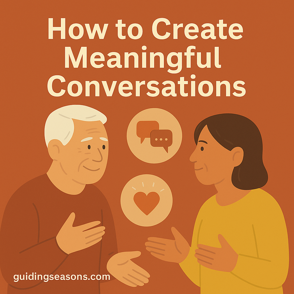 Older man and woman having a friendly conversation with icons of speech bubbles and a heart above them.