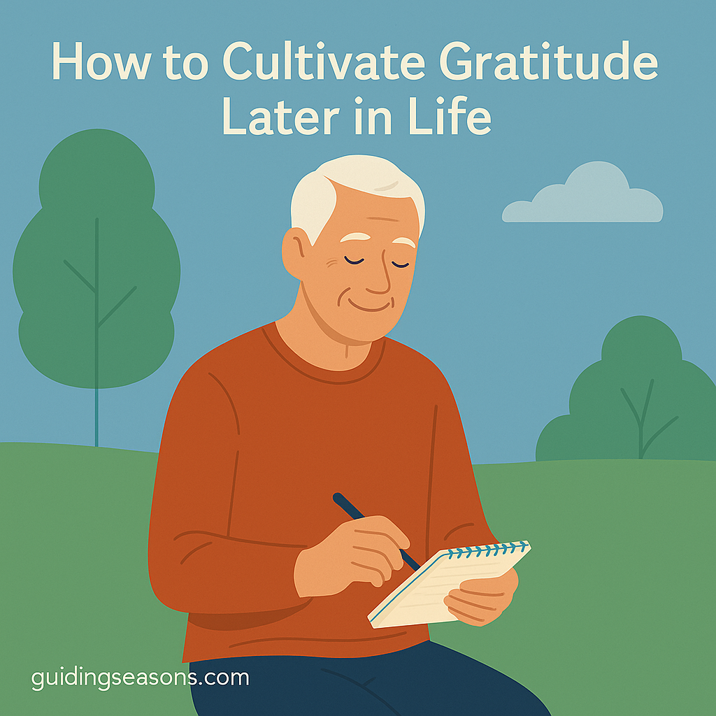 Older man sitting outdoors writing in a gratitude journal, with the title “How to Cultivate Gratitude Later in Life” displayed above him.