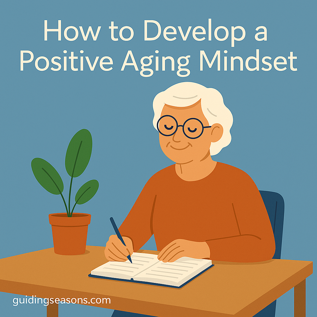 Older woman smiling peacefully while journaling at a table, practicing gratitude, with a potted plant beside her and the title “How to Develop a Positive Aging Mindset” displayed above. 