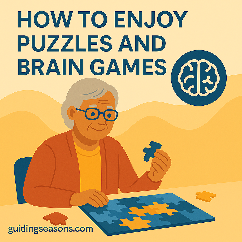 Illustration of a senior man assembling a colorful puzzle with a brain icon beside him, created for the article “How to Enjoy Puzzles and Brain Games,” with a small guidingseasons.com watermark in the bottom left.