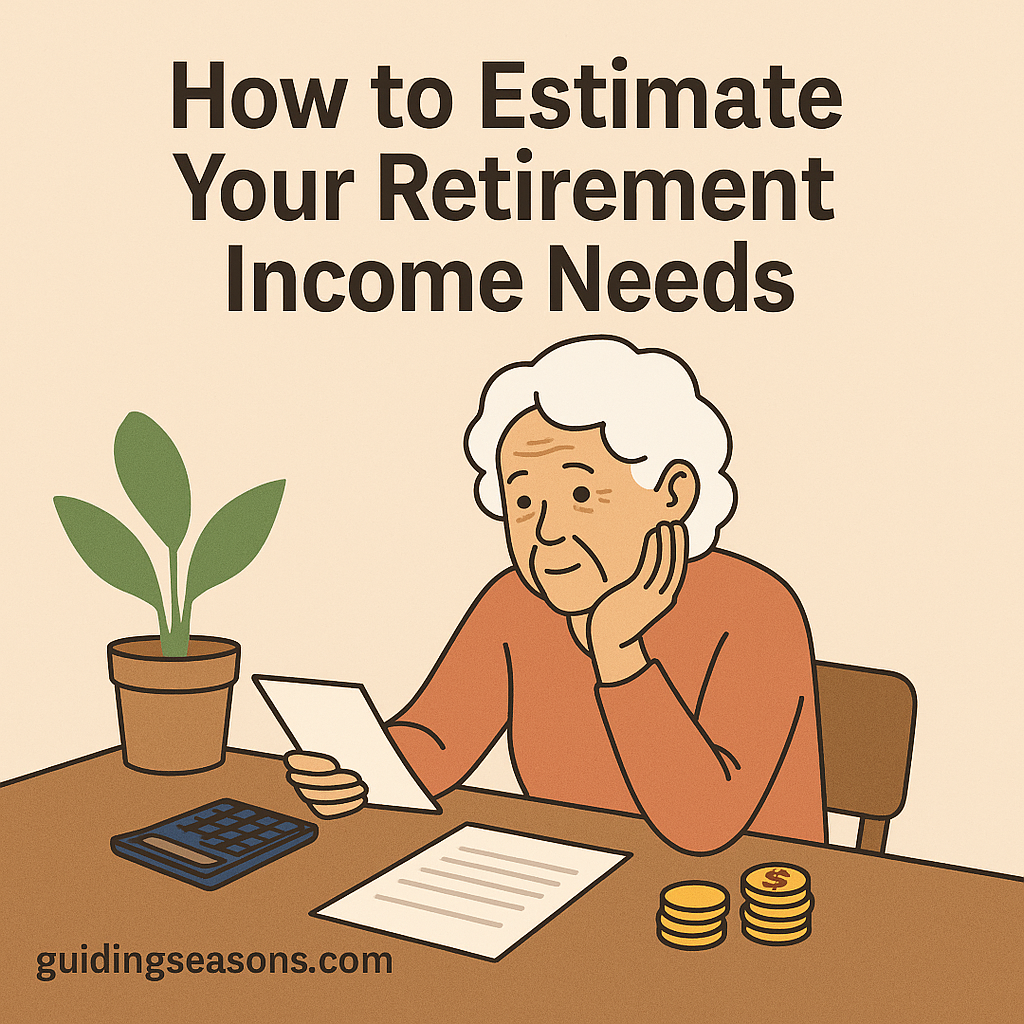 Elderly woman reviewing papers with a calculator and coins on the table, illustrating how to estimate retirement income needs.