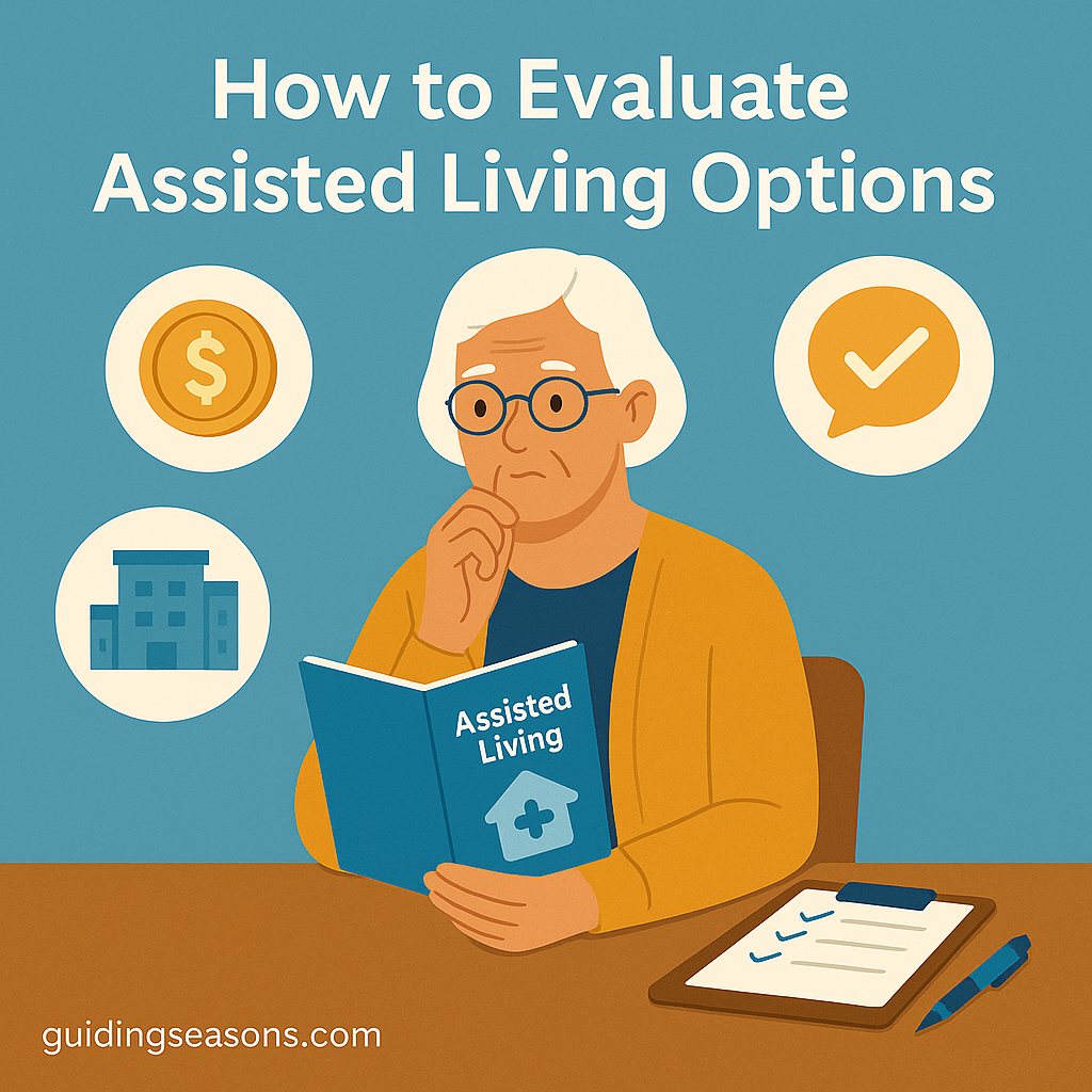 Older woman reading an assisted living brochure at a table with icons of money, a building, and a checkmark around her, illustrating how to evaluate assisted living options.