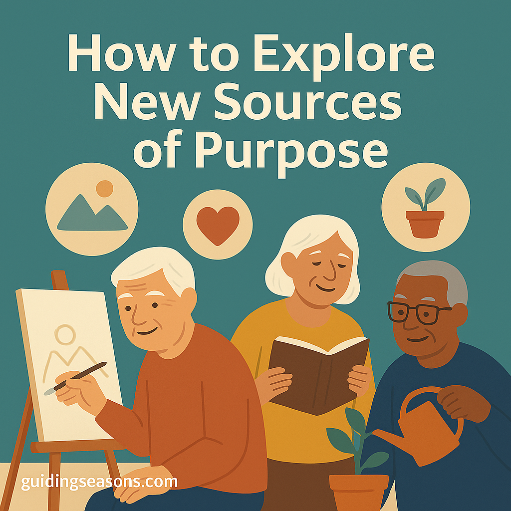 Three older adults enjoying meaningful activities—painting, reading, and gardening—symbolizing new sources of purpose.