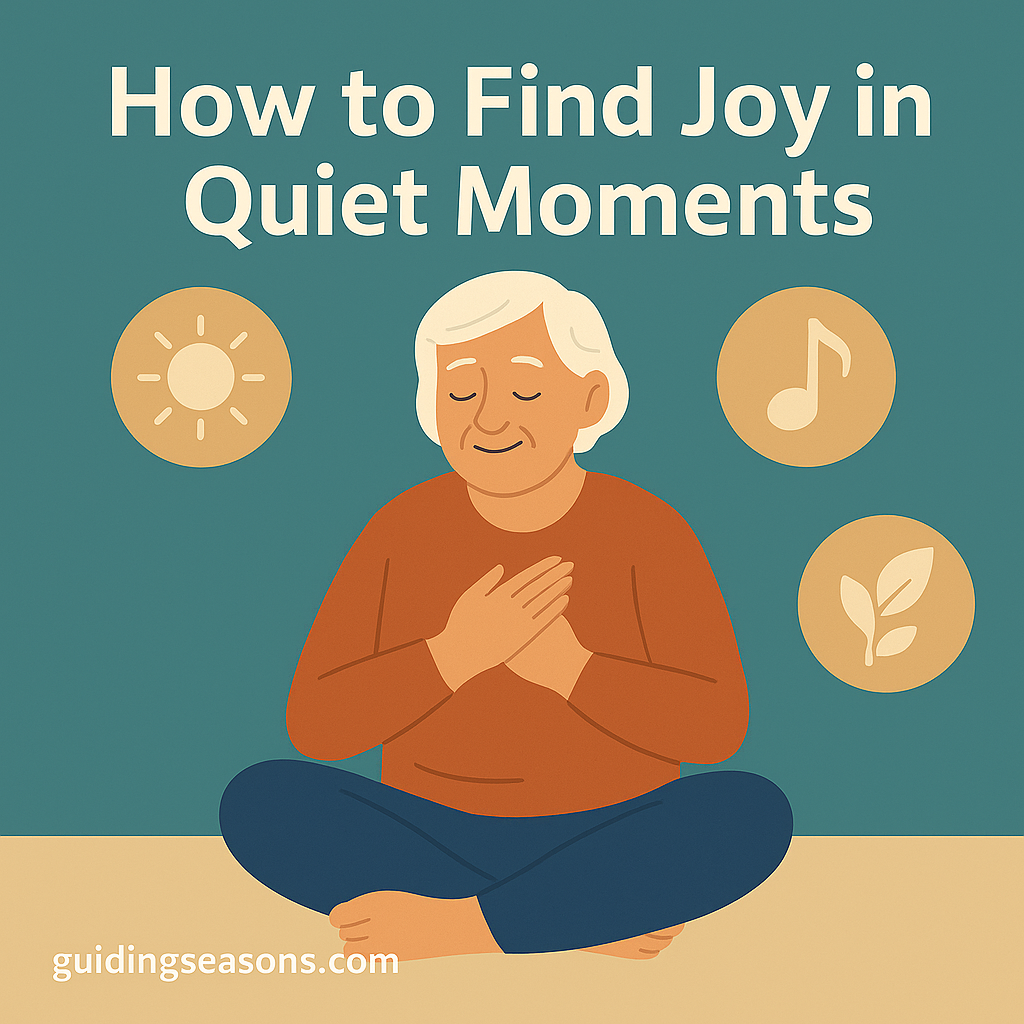 Older woman sitting cross-legged with her hands over her heart, surrounded by calming icons such as a sun, music note, and leaf, representing finding joy in quiet moments.