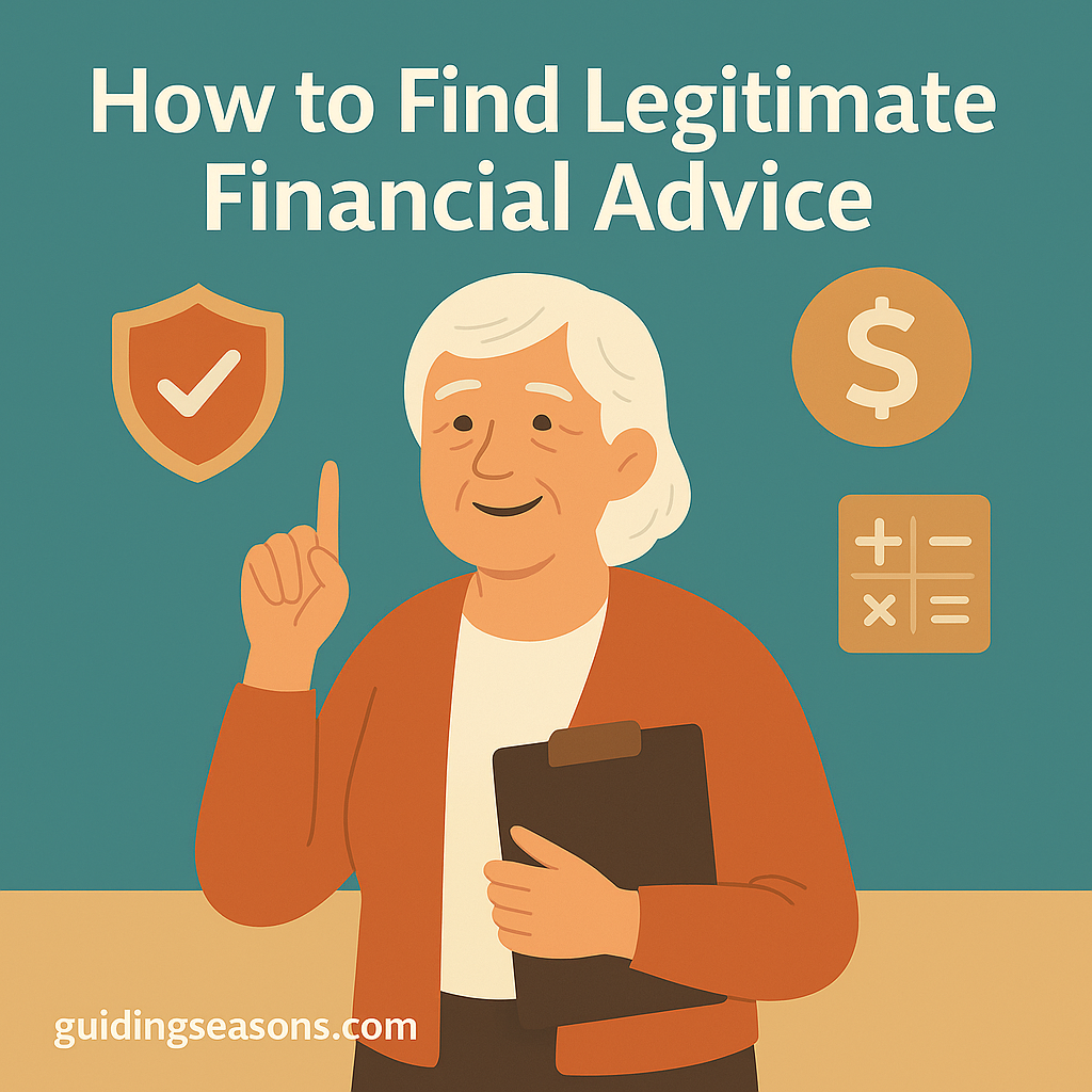 Older woman holding a clipboard and pointing upward with financial icons like a shield, dollar sign, and calculator surrounding her.