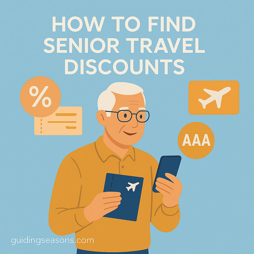 Older man holding travel documents and a smartphone with travel icons around him, illustrating how to find senior travel discounts.