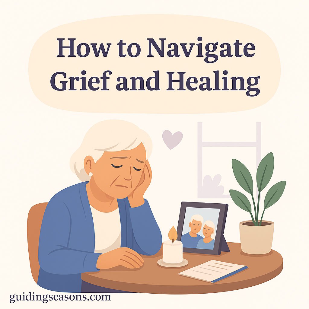 Illustration of a senior woman sitting at a table with a candle, framed photo, and journal, reflecting peacefully beneath the title “How to Navigate Grief and Healing,” with guidingseasons.com shown at the bottom.