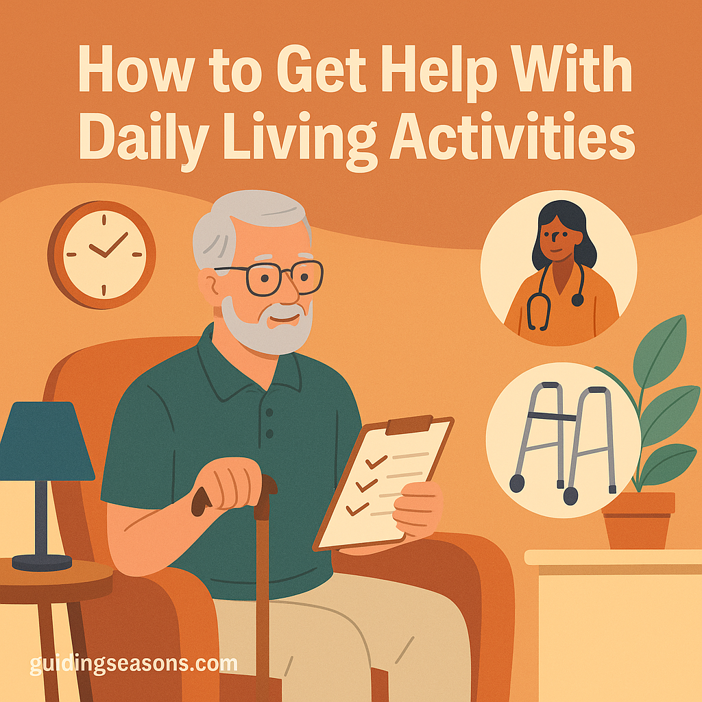 Older man sitting in an armchair holding a checklist with icons of a caregiver and walker nearby.