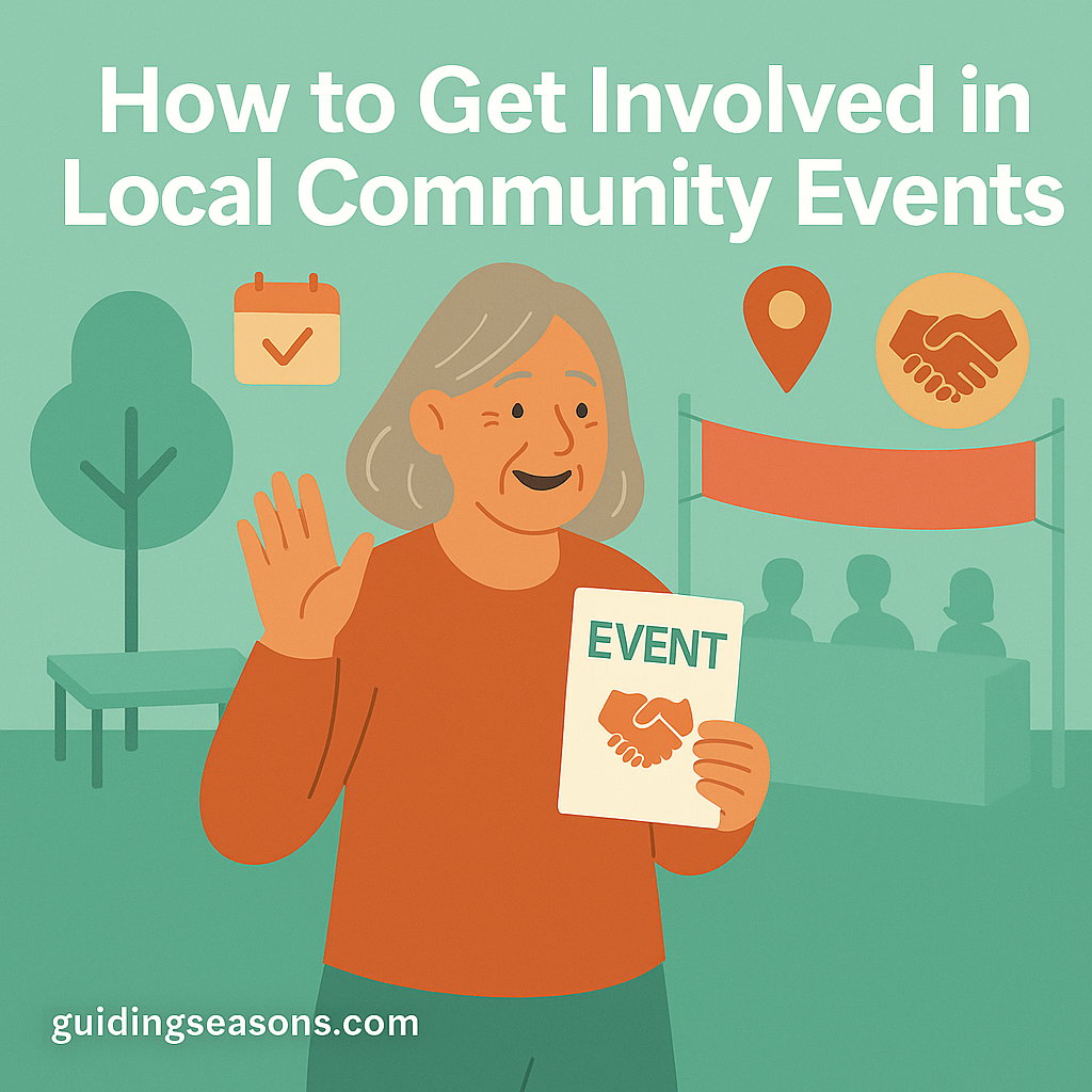 Older woman with longer hair holding an event flyer at a community gathering with icons for a calendar, location pin, and handshake.