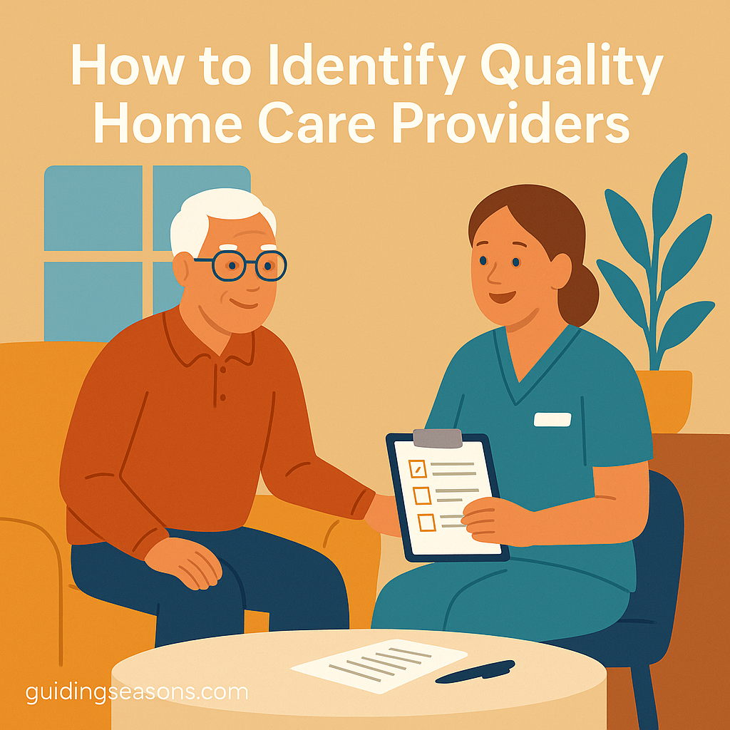 Older man meeting with a friendly female caregiver in a warm, cozy living room, as she shows him a checklist on a clipboard. The title “How to Identify Quality Home Care Providers” appears above.