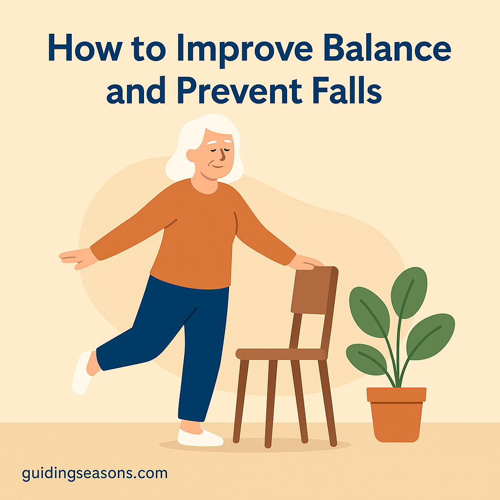 Illustration of a senior woman practicing a balance exercise using a chair for support, with the title “How to Improve Balance and Prevent Falls.”