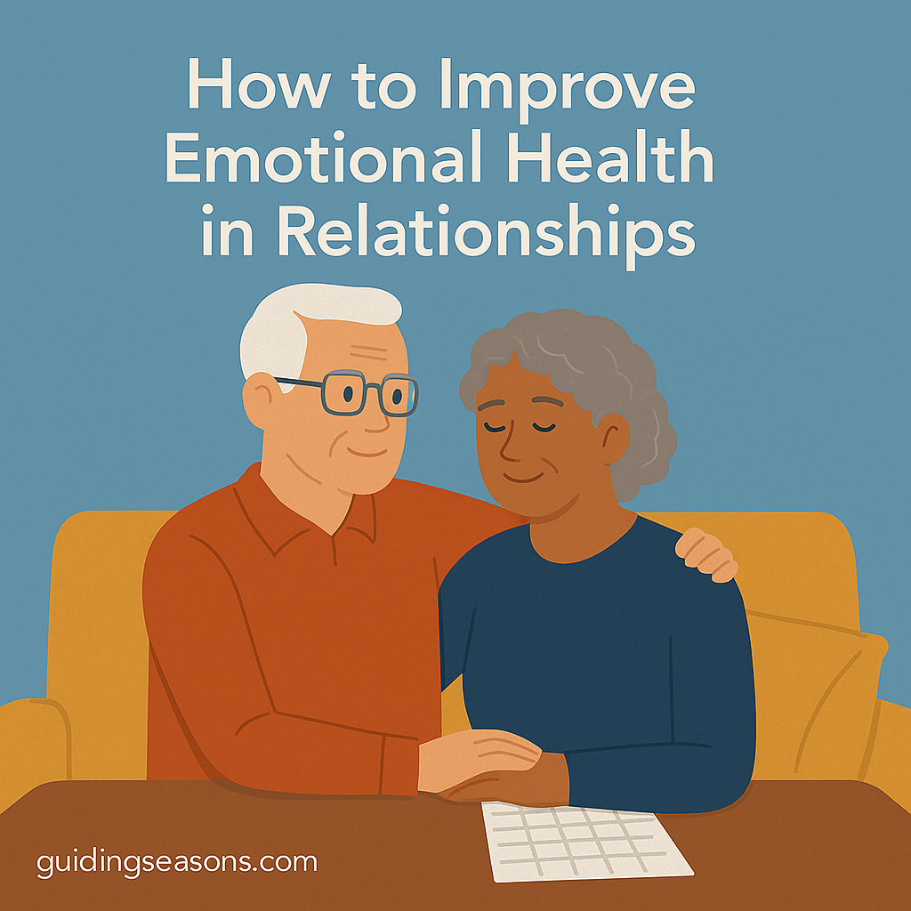 Older couple sitting closely together on a yellow couch, holding hands and smiling warmly, with the title “How to Improve Emotional Health in Relationships” displayed above them.